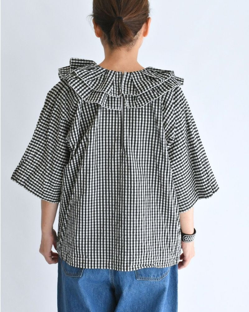 タックフリルプルオーバー Black/Ecru Check