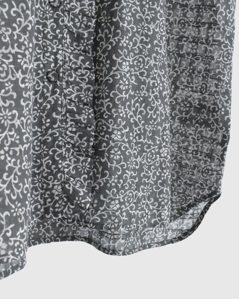 POWER LOOM COTTON DOBIE CHECK ARABESQUE SCREEN PRINT NO/SL FRILL COLLAR SHIRT DarkGray
