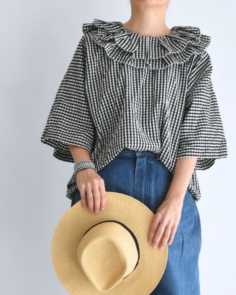 タックフリルプルオーバー Black/Ecru Check