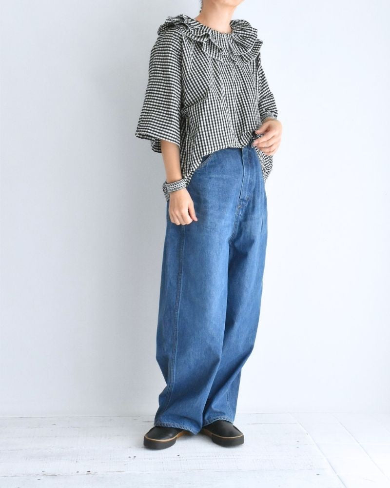 タックフリルプルオーバー Black/Ecru Check