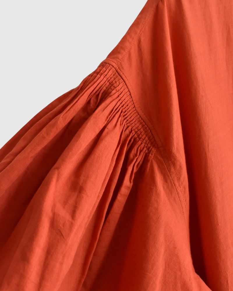 100s KHADI (100s×150s) BANDED COLLAR SHIRT DRESS WITH RAJASTHAN TUCK GATHERE Orange