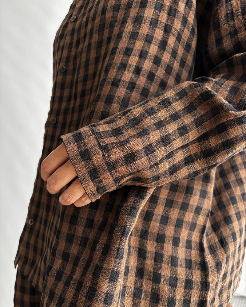 LINEN GINGHAM CHECK SHIRT Brown