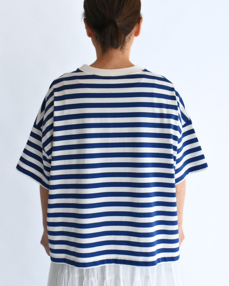 クルーネック スリットTシャツ Blue/White