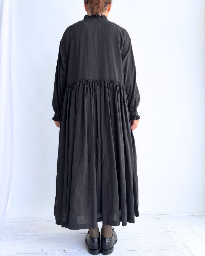 FRILL COLLAR SHIRT DRESS WITH RAJASTHAN GATHER Black