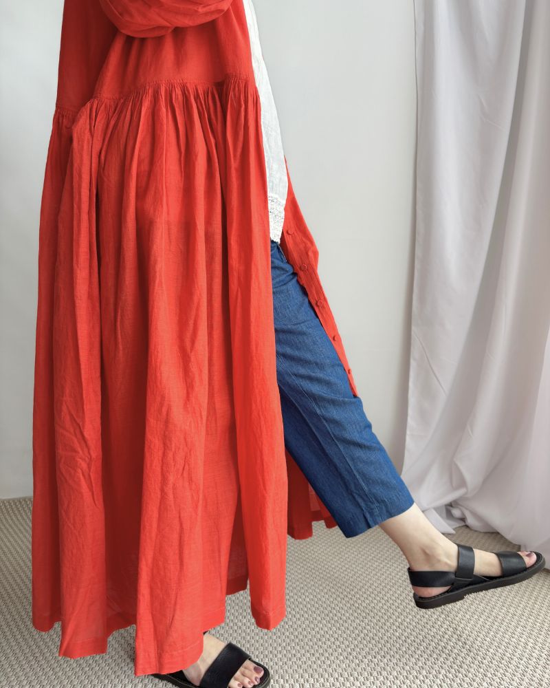 100s KHADI (100s×150s) BANDED COLLAR SHIRT DRESS WITH RAJASTHAN TUCK GATHERE Orange