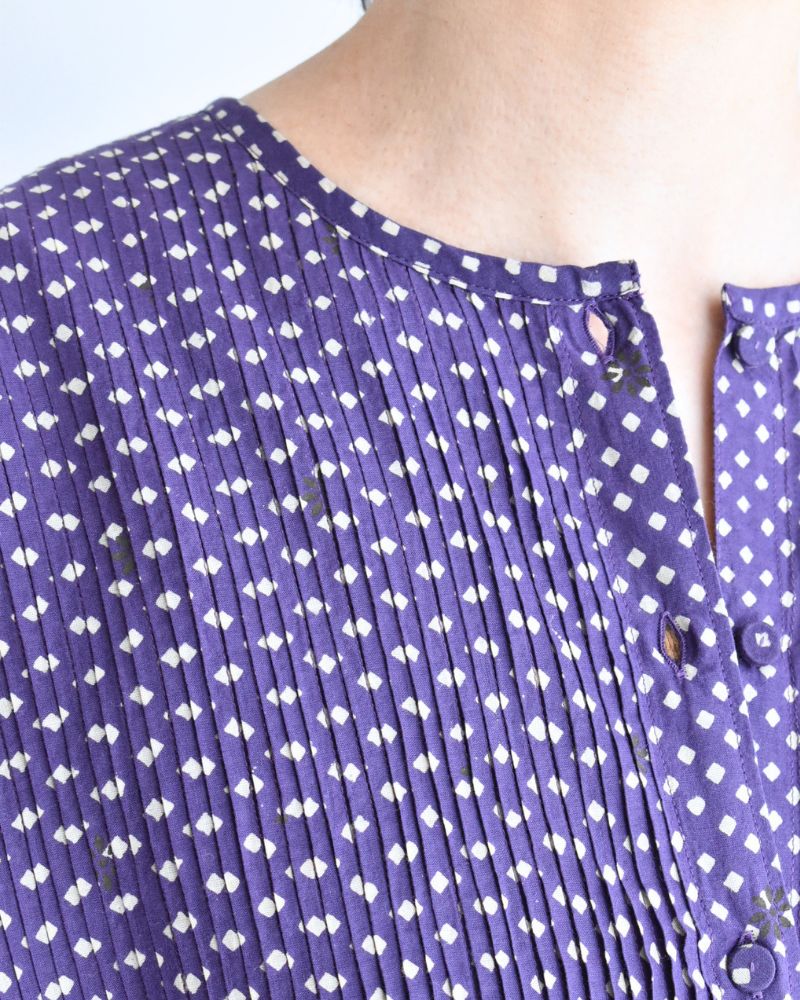 CREW NECK BUTTON SHIRTS DRESS WITH MINI PINTUCK Purple