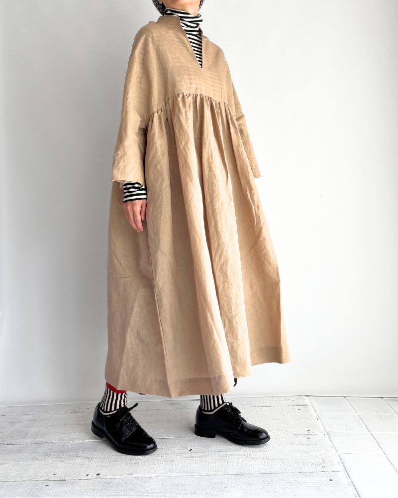 リネンコットン ギャザーワンピース Beige
