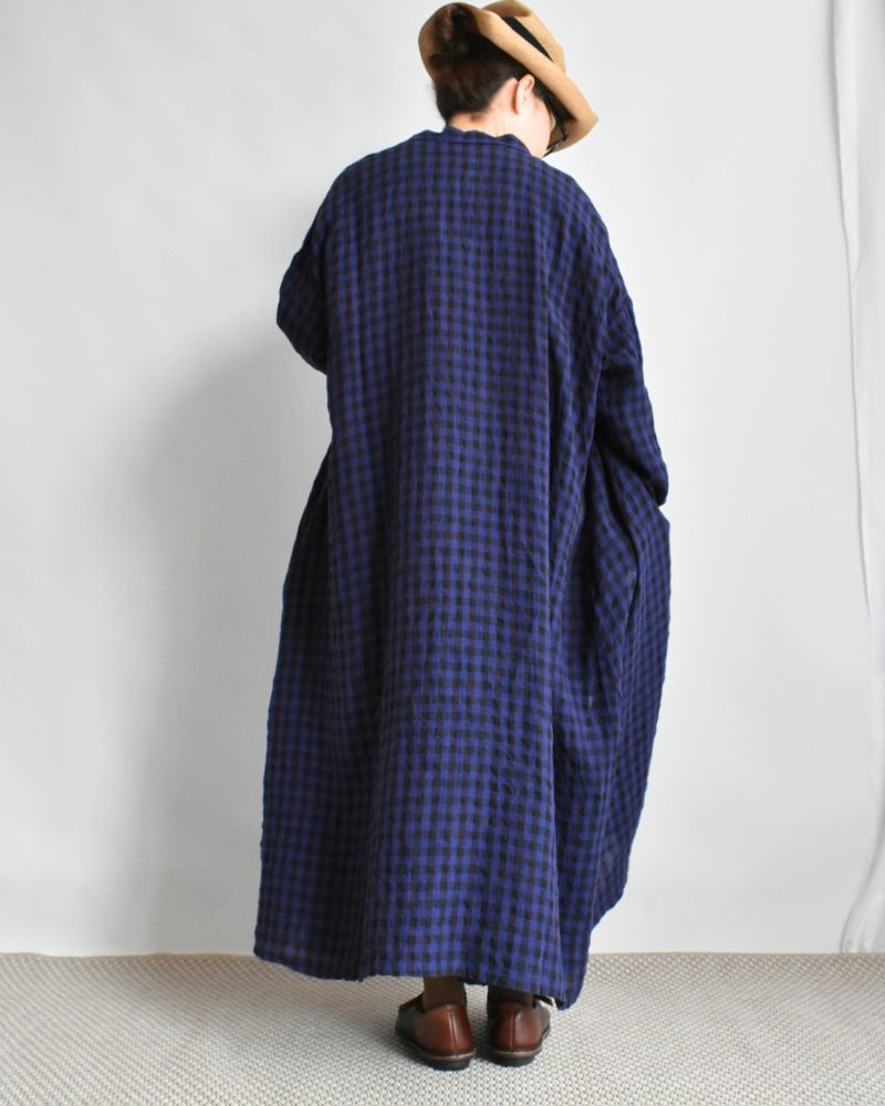 LINEN GINGHAM CHECK DRESS Navy