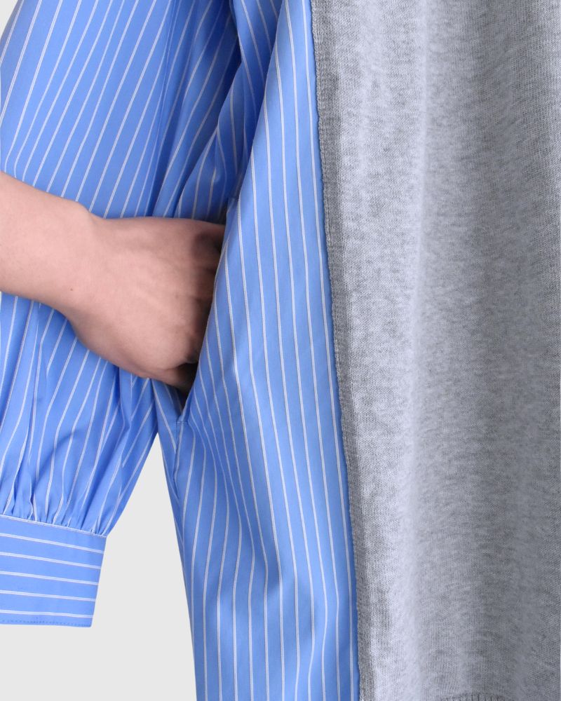 ニットベスト重ね着風ストライプシャツワンピース 'APOLU' Saxe