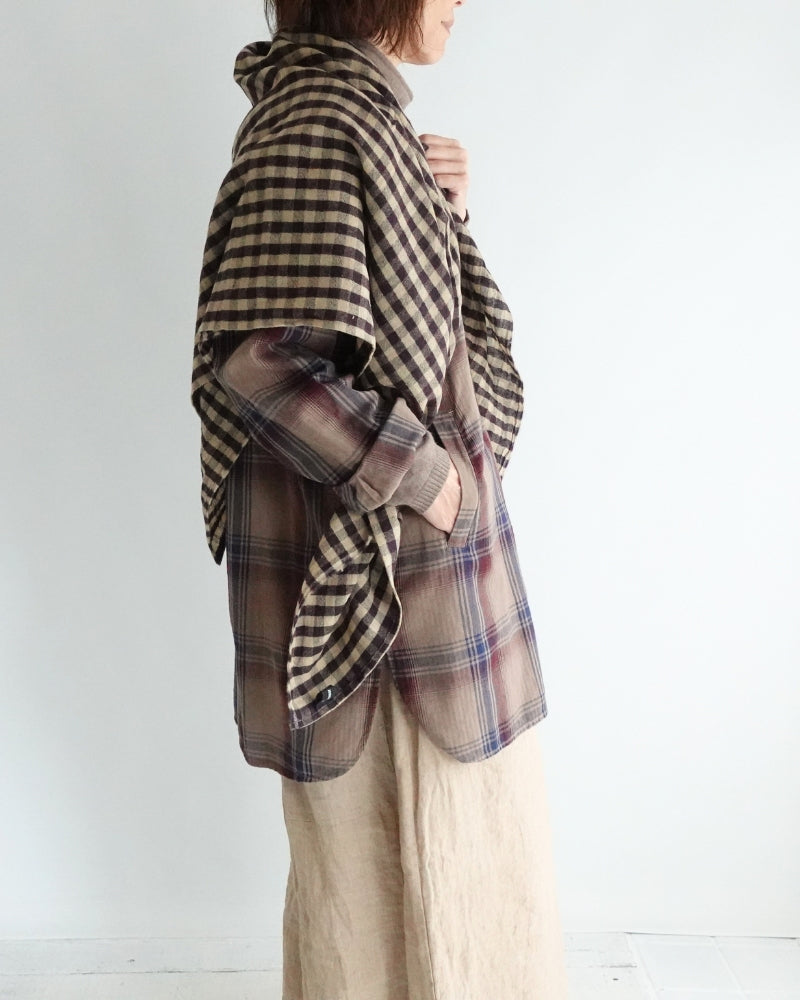 ウールリネンギンガムチェックストール Camel/Brown
