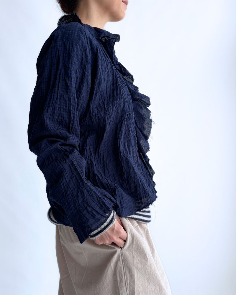 チェックフリルトリムブラウス NavyCheck