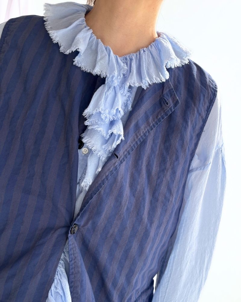 POPLIN WIDE STRIPE (OVERDYE) NO COLLAR VEST PurpleNavy