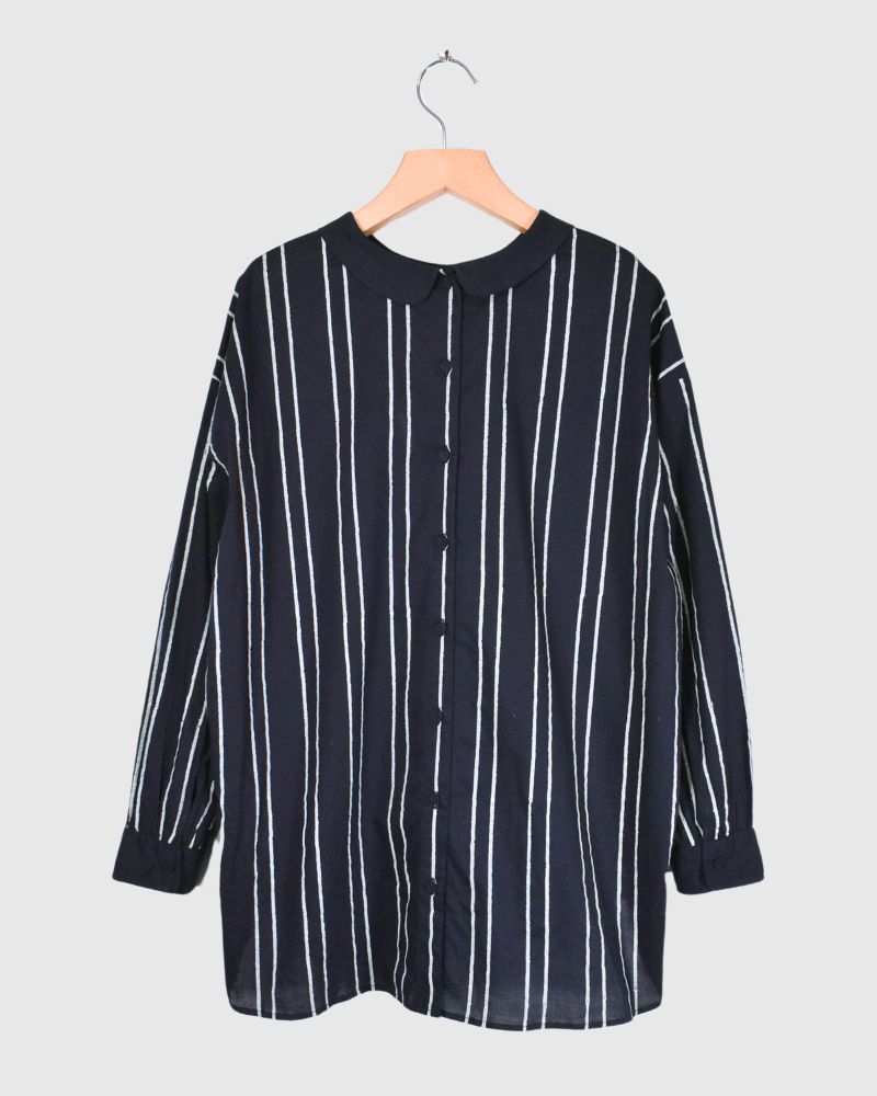 60s COTTON STRIPE BLOCK PRINT BACK OPENING ROUND COLLAR SHIRT Navy