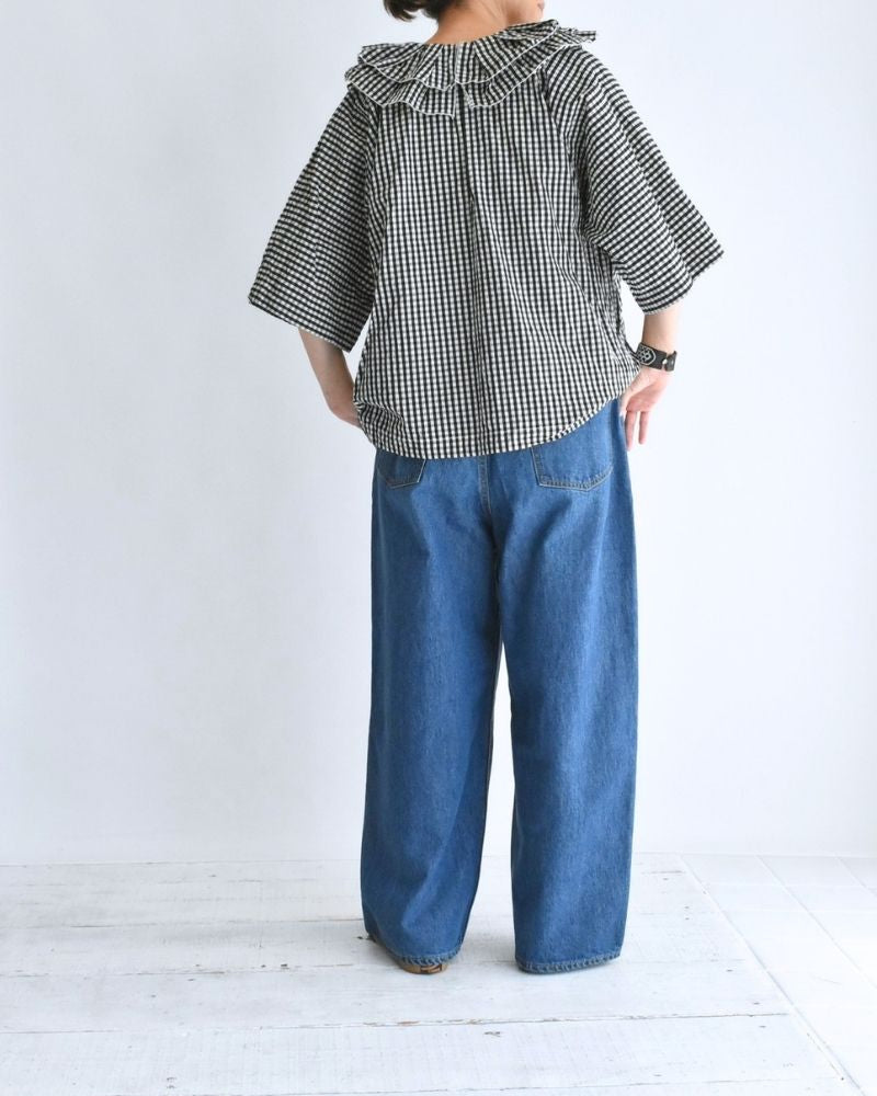 タックフリルプルオーバー Black/Ecru Check