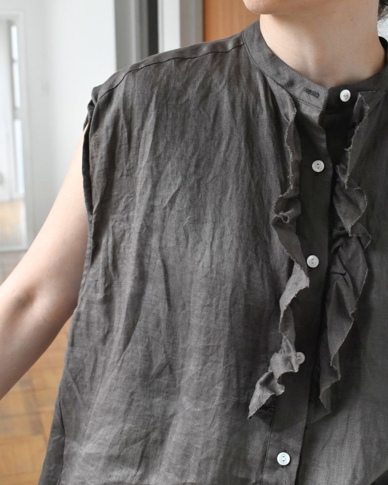 【予約】S/S R360 LINEN FRILL NO SLEEVE BLOUSE（4月中旬 – 4月末）