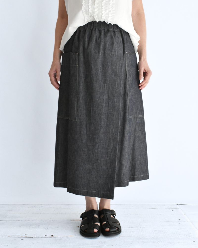 HEART-DENIM アシンメトリーラップ風スカート Indigo