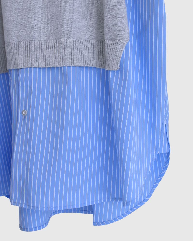 ニットベスト重ね着風ストライプシャツワンピース 'APOLU' Saxe