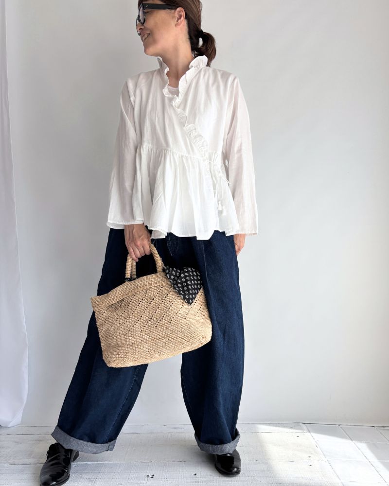 TWILL COTTON KHADI PLAIN (WASH) FRILL CACHE COEUR White