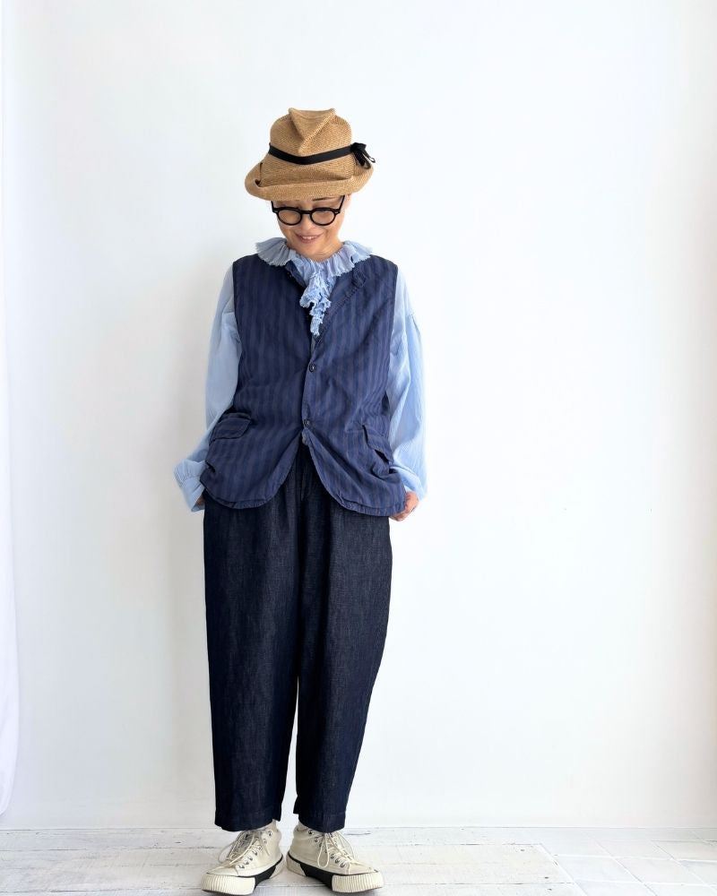 POPLIN WIDE STRIPE (OVERDYE) NO COLLAR VEST PurpleNavy