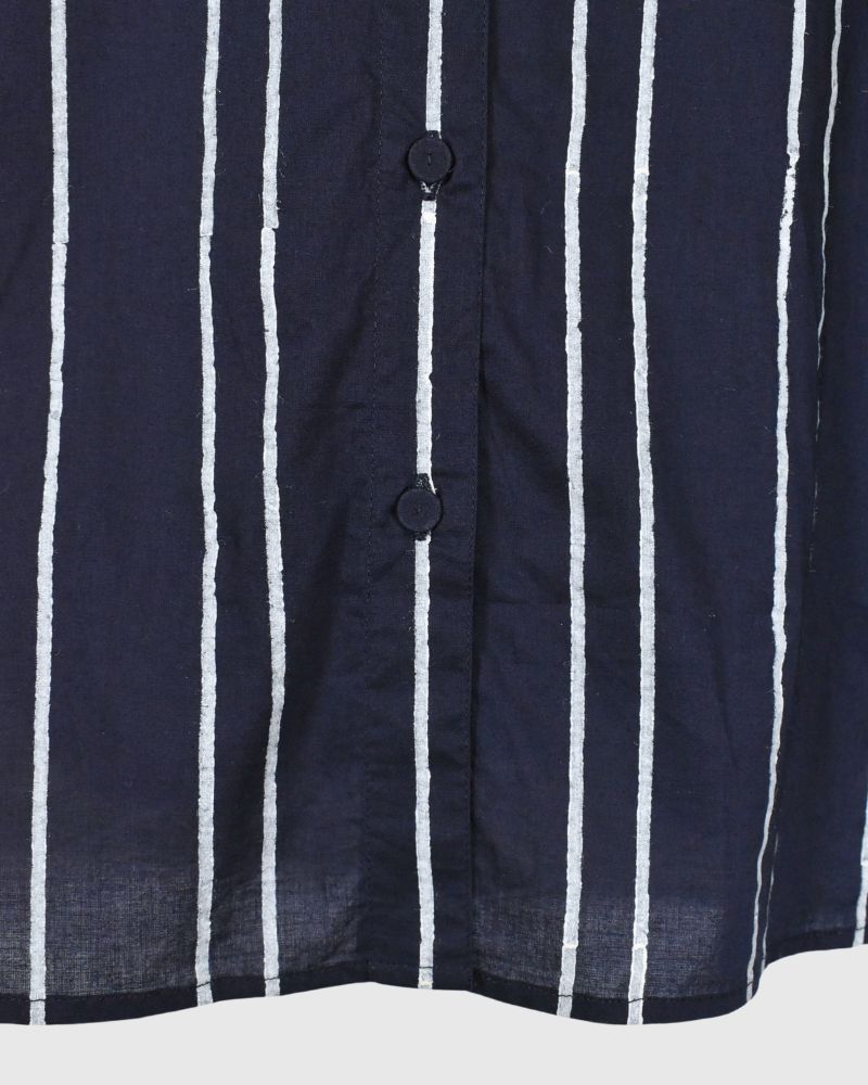 60s COTTON STRIPE BLOCK PRINT BACK OPENING ROUND COLLAR SHIRT Navy