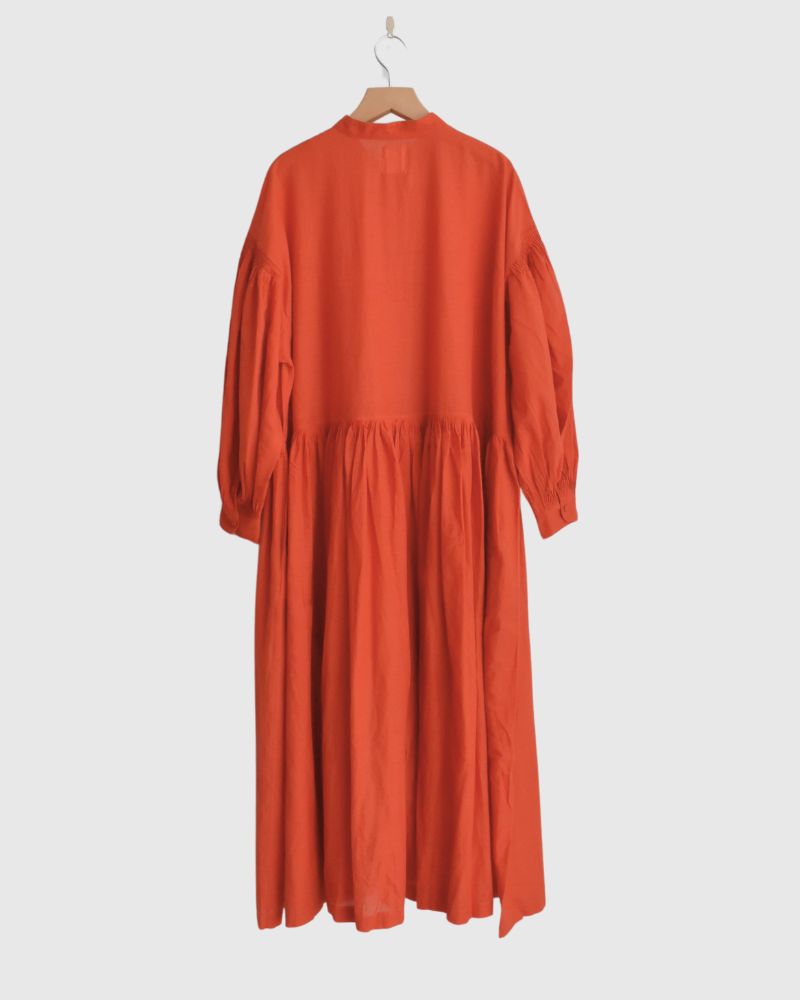 100s KHADI (100s×150s) BANDED COLLAR SHIRT DRESS WITH RAJASTHAN TUCK GATHERE Orange