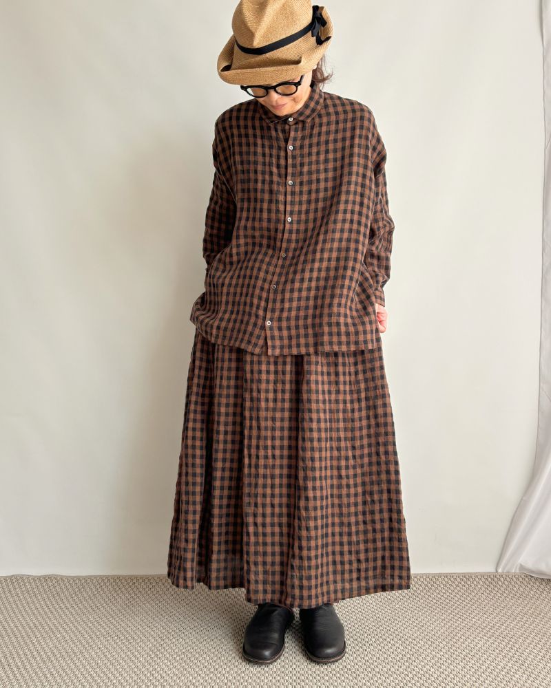 LINEN GINGHAM CHECK SHIRT Brown