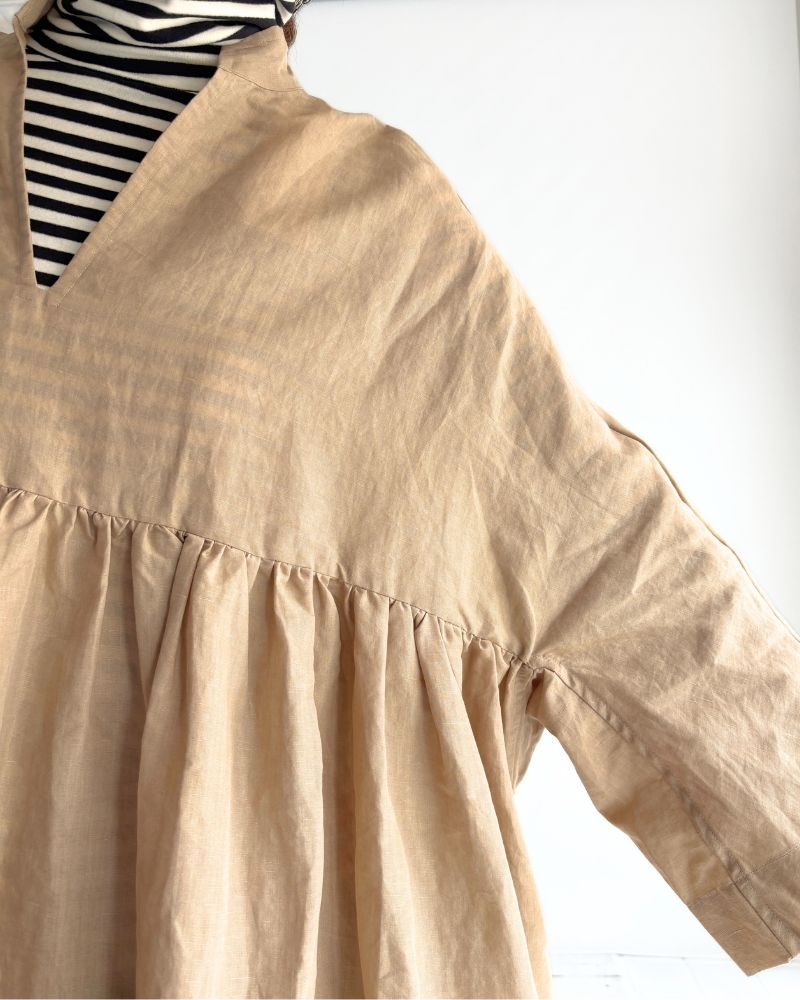 リネンコットン ギャザーワンピース Beige