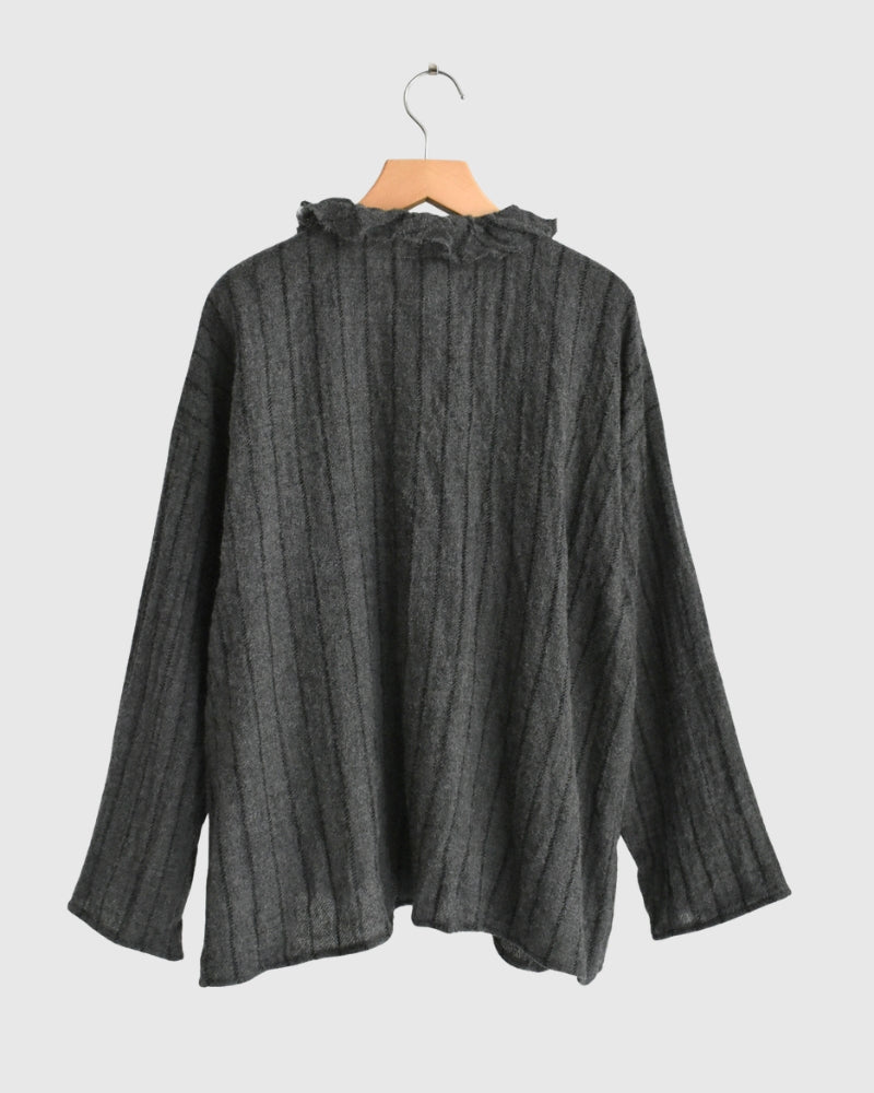 ウールストライプ フリルトリムブラウス Gray