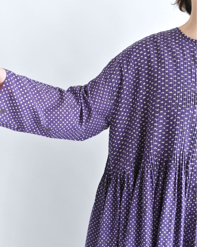 CREW NECK BUTTON SHIRTS DRESS WITH MINI PINTUCK Purple