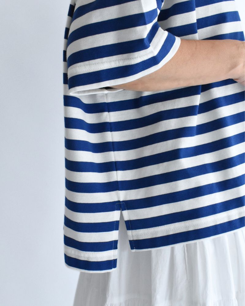 クルーネック スリットTシャツ Blue/White