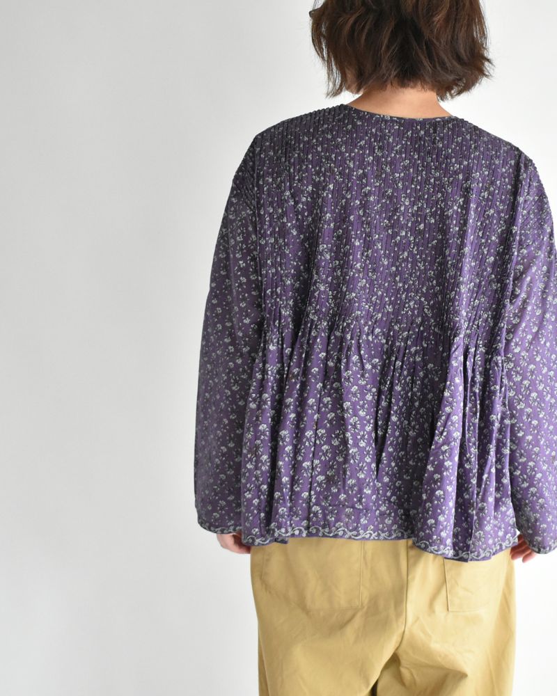 CREW-NECK BUTTON SHIRT WITH PINTUCK Purple