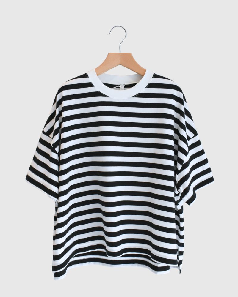 クルーネック スリットTシャツ Black/White