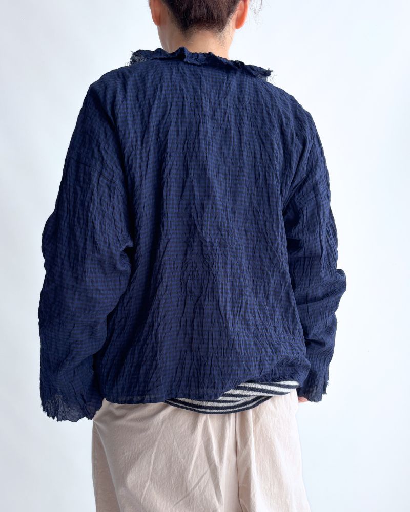 チェックフリルトリムブラウス NavyCheck