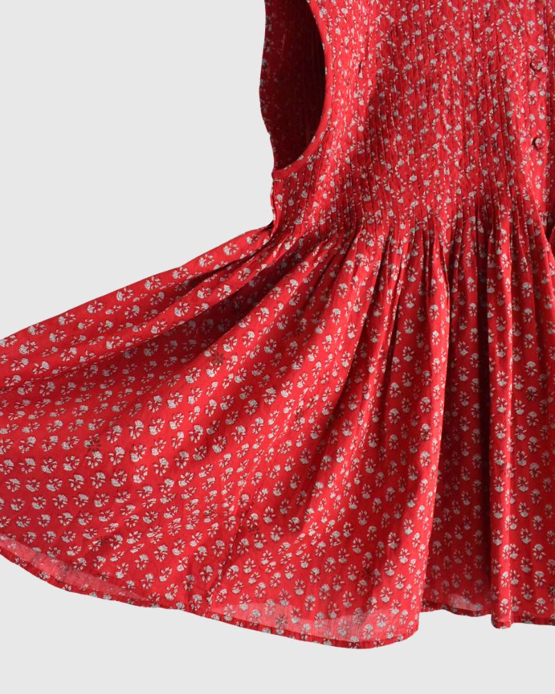 CREW-NECK BUTTON F/SLEEVE SHIRT WITH PINTUCK Red