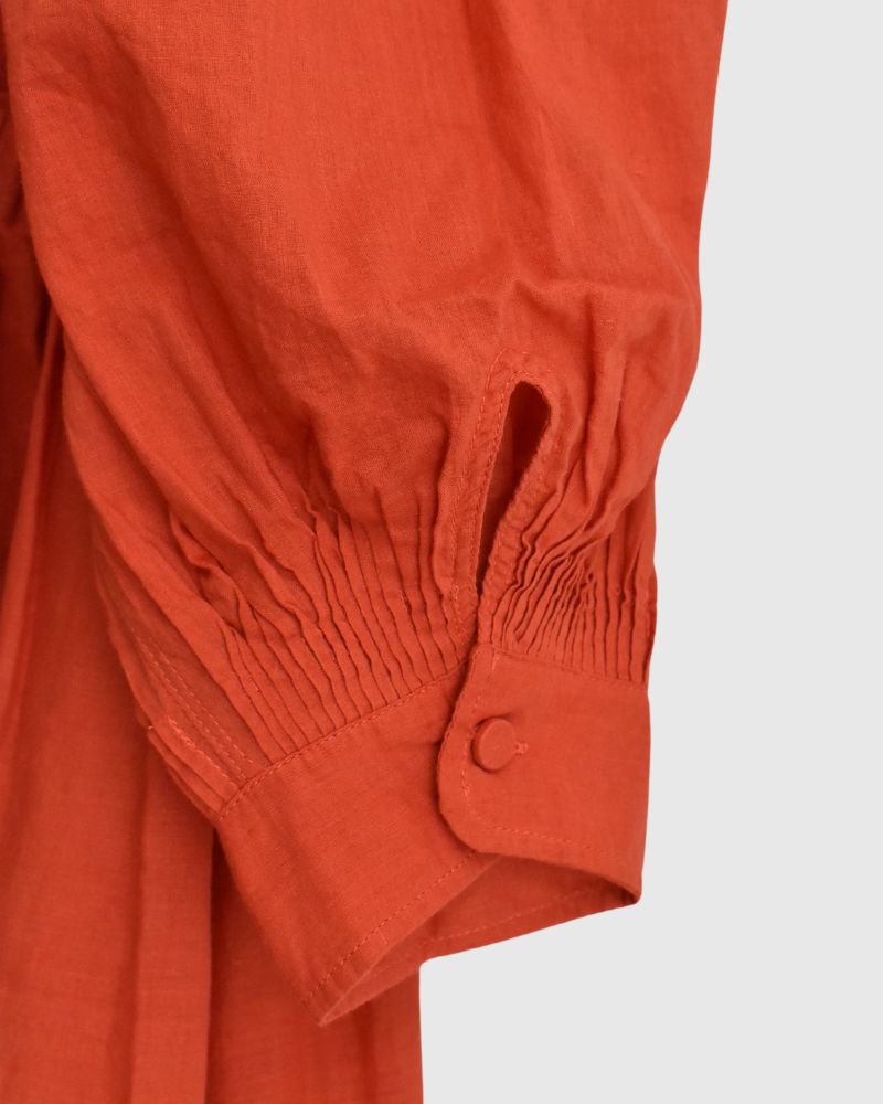 100s KHADI (100s×150s) BANDED COLLAR SHIRT DRESS WITH RAJASTHAN TUCK GATHERE Orange