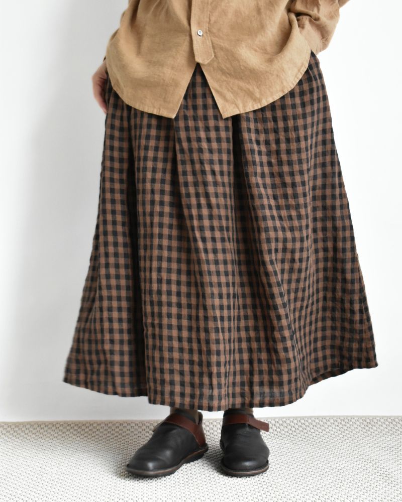 LINEN GINGHAM CHECK SKIRT Brown