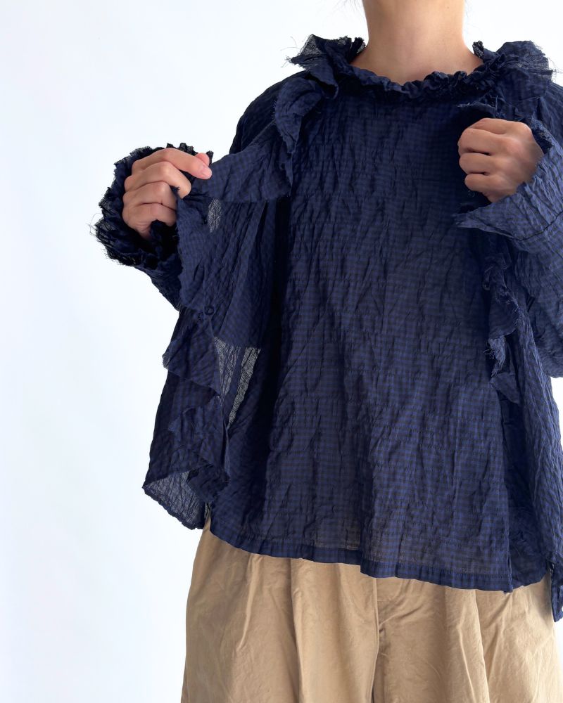チェックネックフリル ボックスプルオーバー NavyCheck
