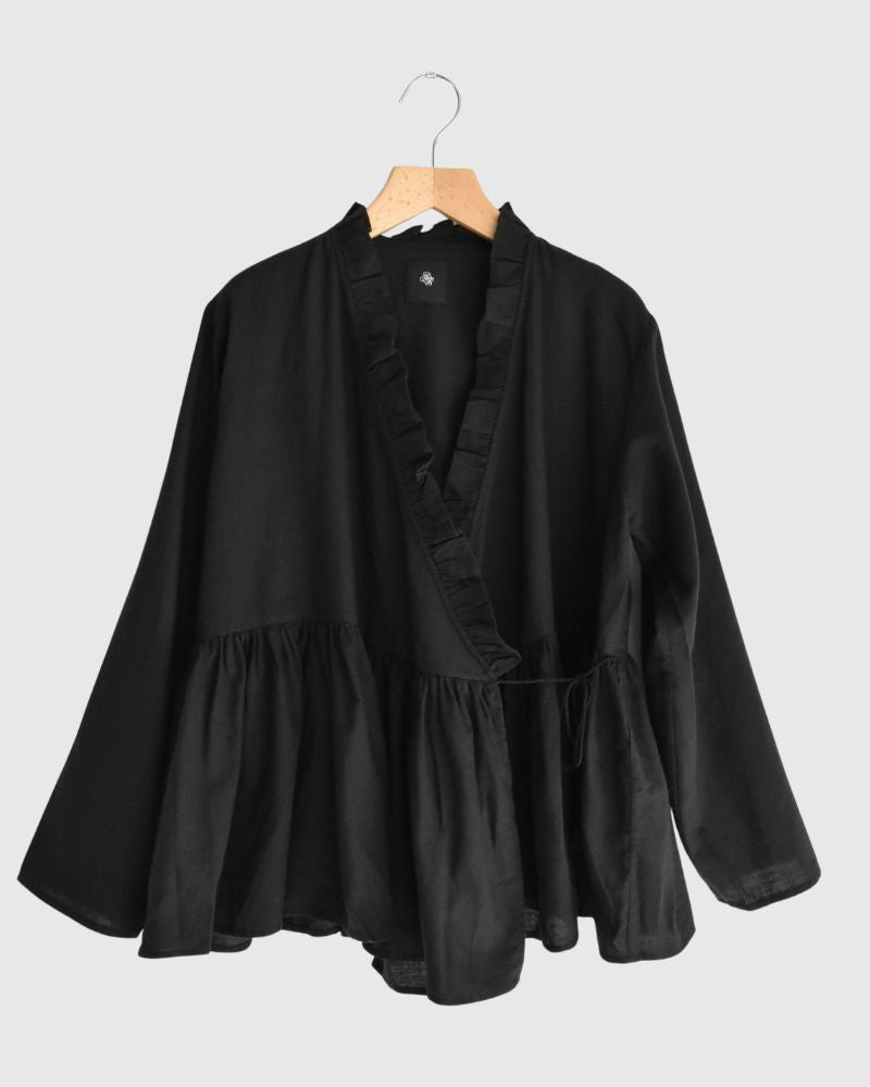 TWILL COTTON KHADI PLAIN (WASH) FRILL CACHE COEUR Black