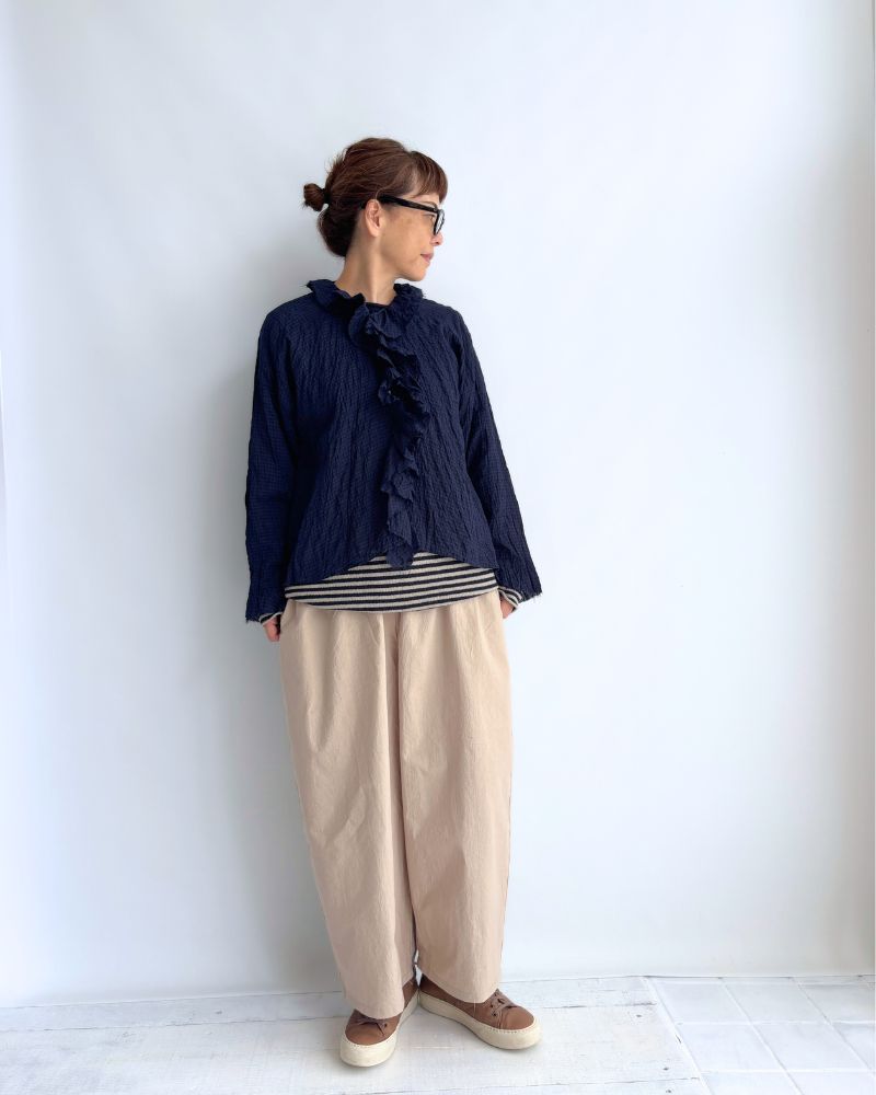 チェックフリルトリムブラウス NavyCheck