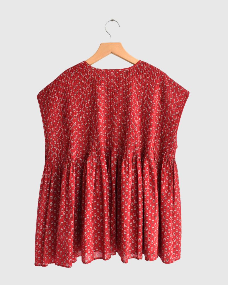CREW-NECK BUTTON F/SLEEVE SHIRT WITH PINTUCK Red