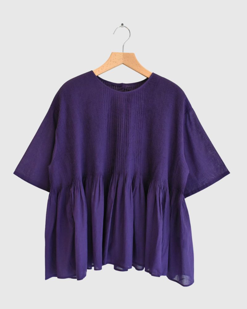 CREW-NECK PULLOVER HALF/SLEEVE SHIRT WITH MINI PINTUCK Purple