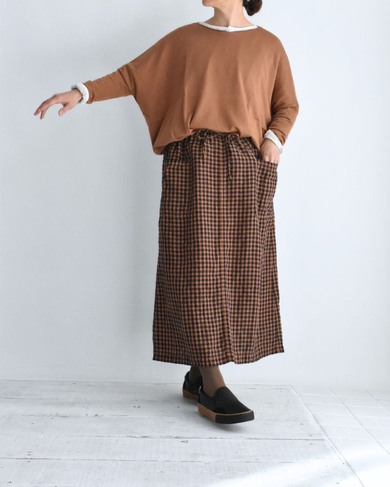 LINEN CHECK OVERDYE EASY SKIRT Cinnamon