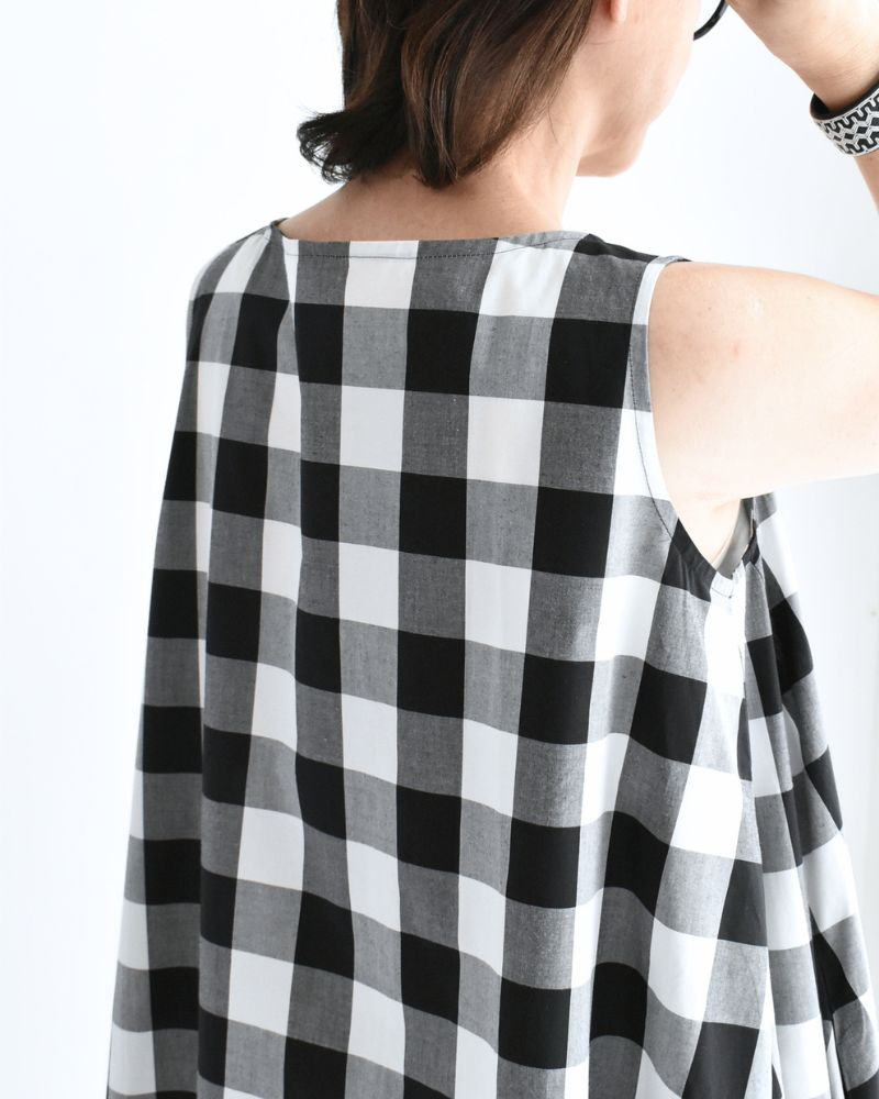 ブロックチェック ノースリーブフレアードレス White/Black