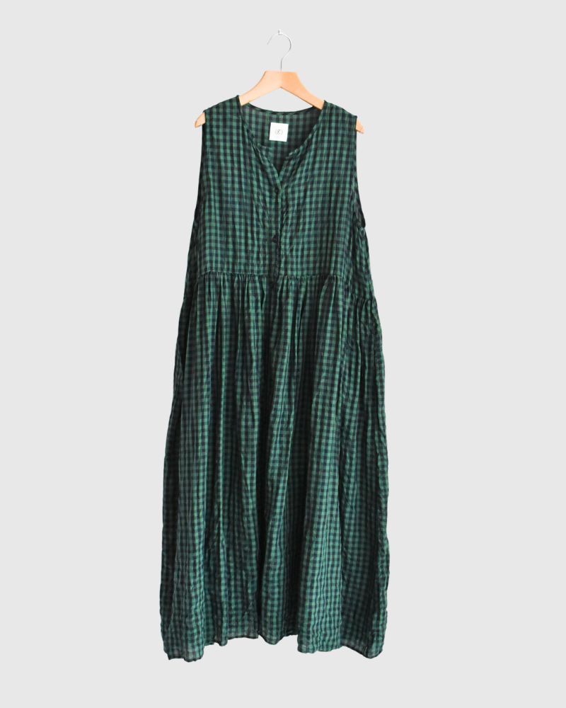 ブロックチェック スリーブレスギャザーワンピース Green