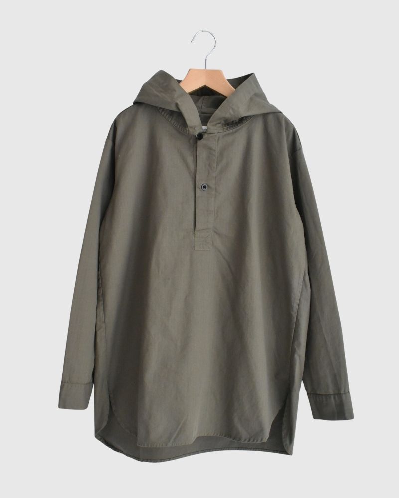 COTTON HERRINGBONE WASH HOODED PULLOVER SHIRT KhakiHerringbone