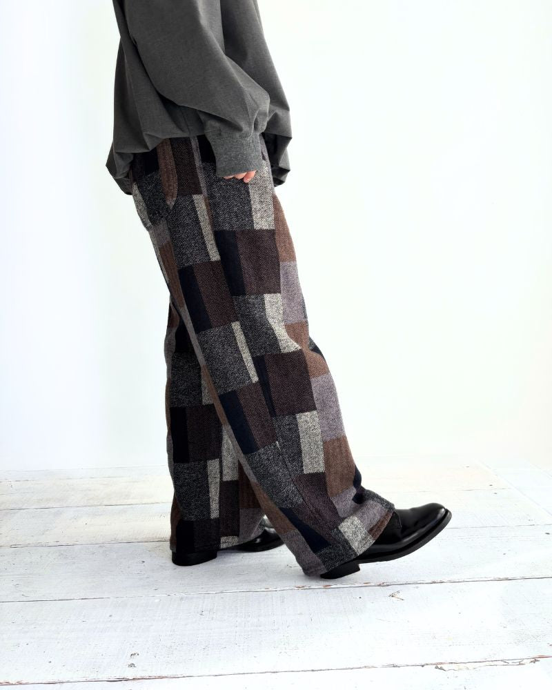 パッチワーク起毛チェックパンツ Gray