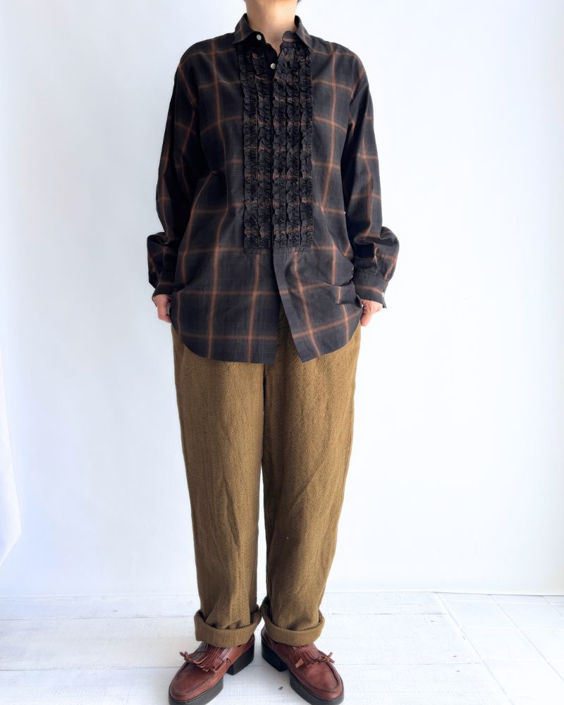 手織りコットンヘリンボーン イージーテーパードパンツ KhakiBrown