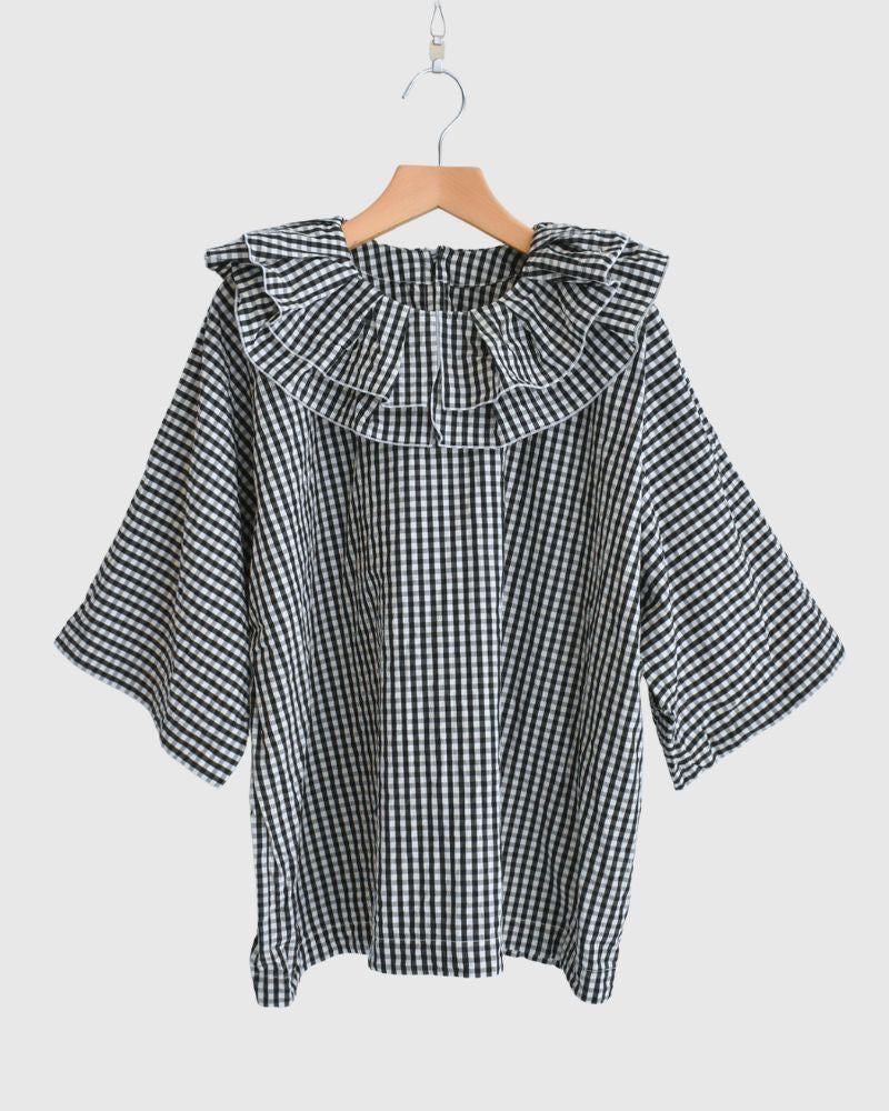 タックフリルプルオーバー Black/Ecru Check