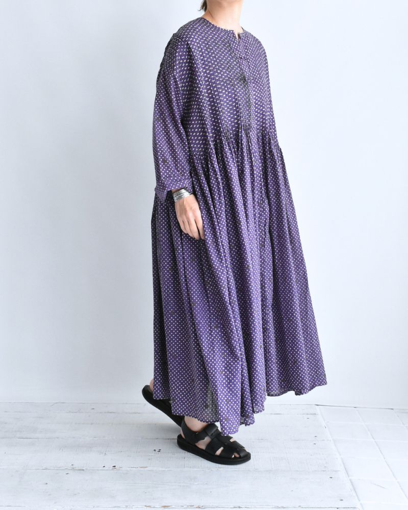 CREW NECK BUTTON SHIRTS DRESS WITH MINI PINTUCK Purple