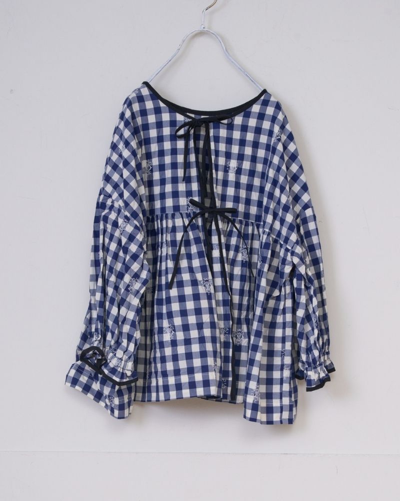 【予約】S/S G1171 ORIGINAL EMBROIDERY LACE GINGHAM GATHER BLOUSE（3月中旬 – 3月末）